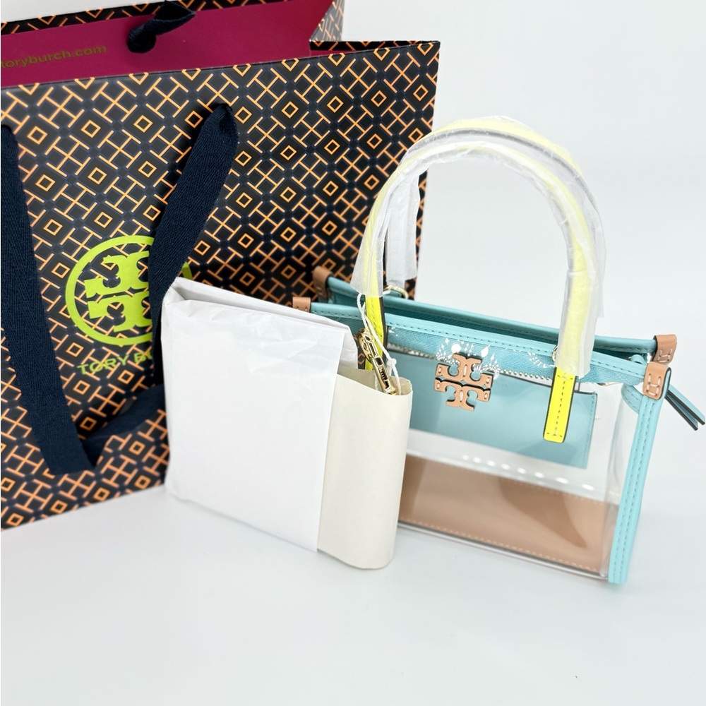 Tory Burch Transparent Mini Bag with Aqua and Yellow Details - Picture 5 of 15
